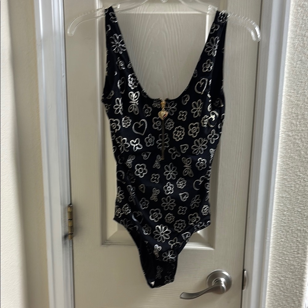 Kathy Ireland Black and Silver Floral One Piece Swimsuit